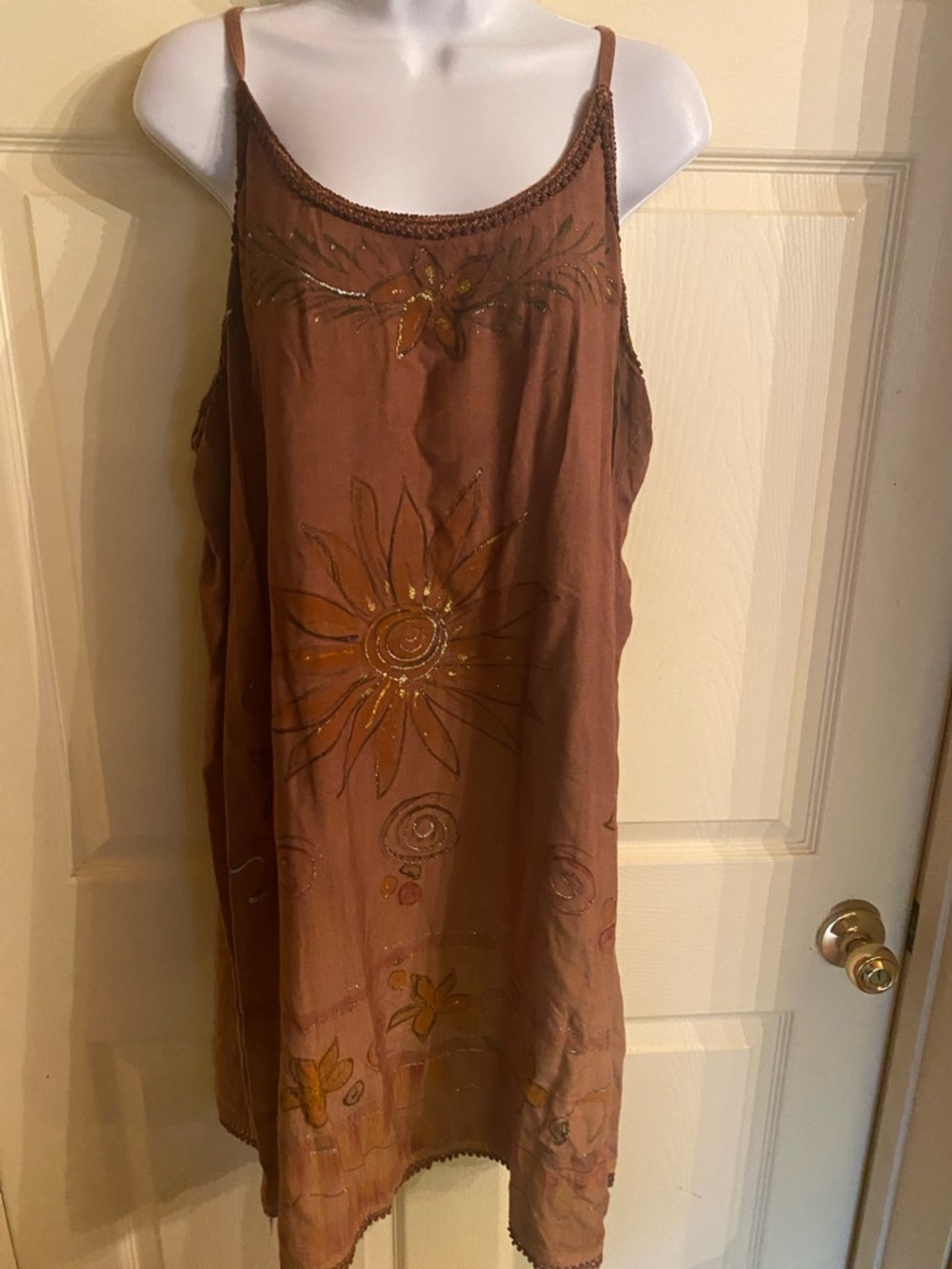 raya sun Brown Floral Slip Dress with Hand-Painted Accents